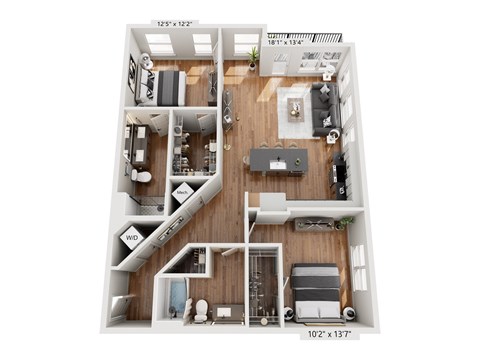 A floor plan of a two-bedroom apartment with a living room, kitchen, and bathroom.